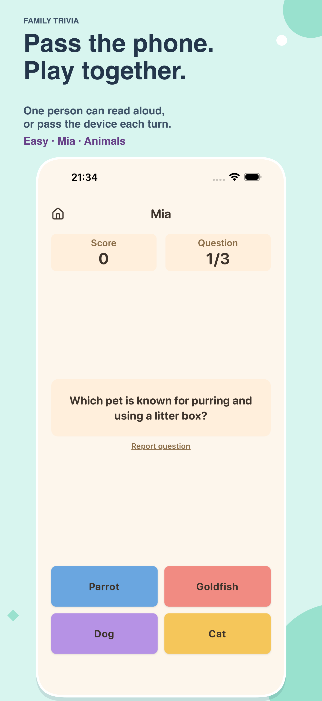 Mia’s real Animals question: Which pet is known for purring and using a litter box? The choices are Parrot, Goldfish, Dog and Cat.